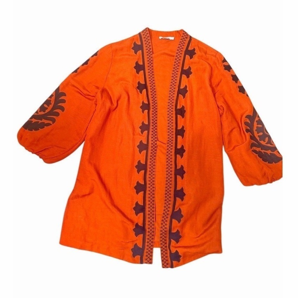 Chico's Orange Linen Blend Embroidered Open Front Cardigan Jacket Size 2 Large